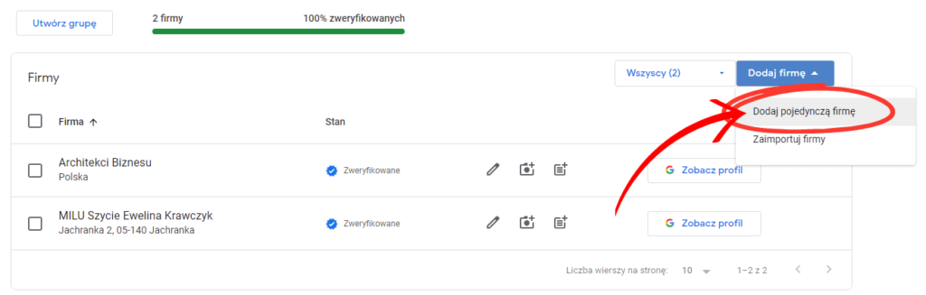 Menedżer profilu firmy w Google - dodaj pojedyncza fimę