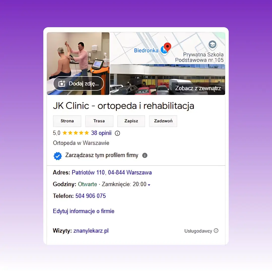 JK Clinic Podgląd wizytówki Google