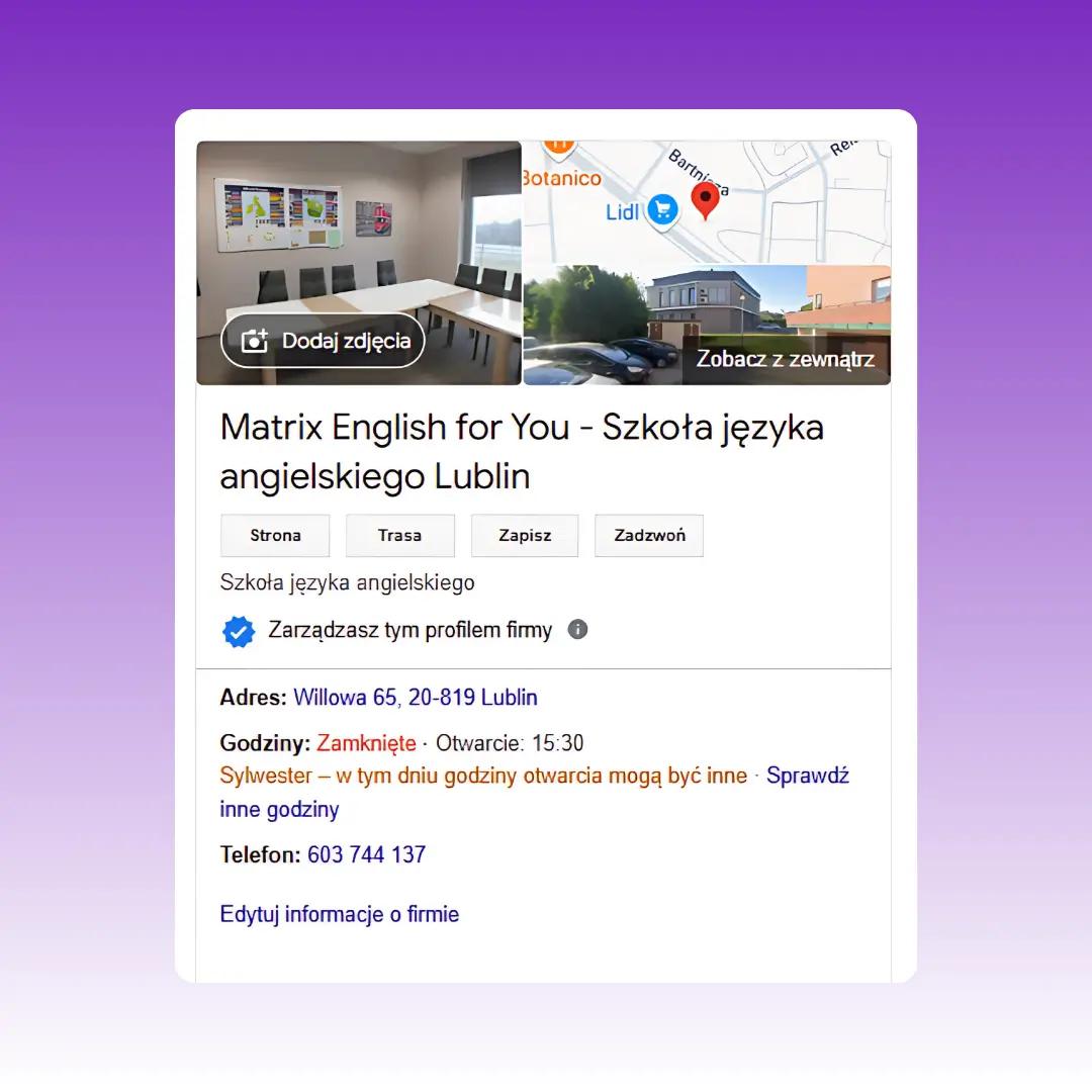 Matrix English For You Podgląd wizytówki Google